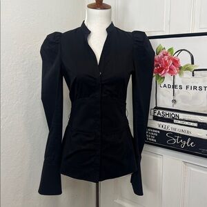 NWOT Karen Millen Black Tie Waist Puff Sleeve Button Down Blouse Size 2US